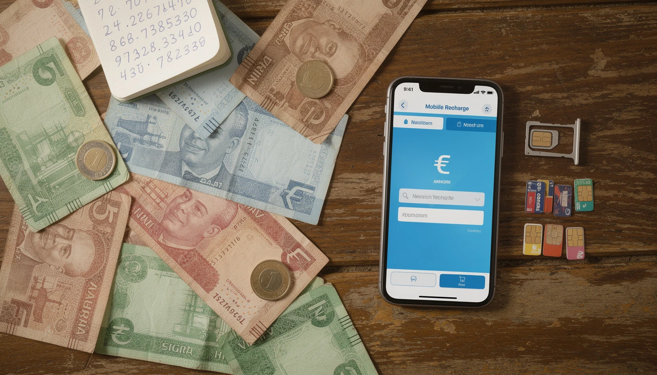 Nigerian naira money next to smartphone showing airtime top-up and SIM cards representing network costs in Nigeria
