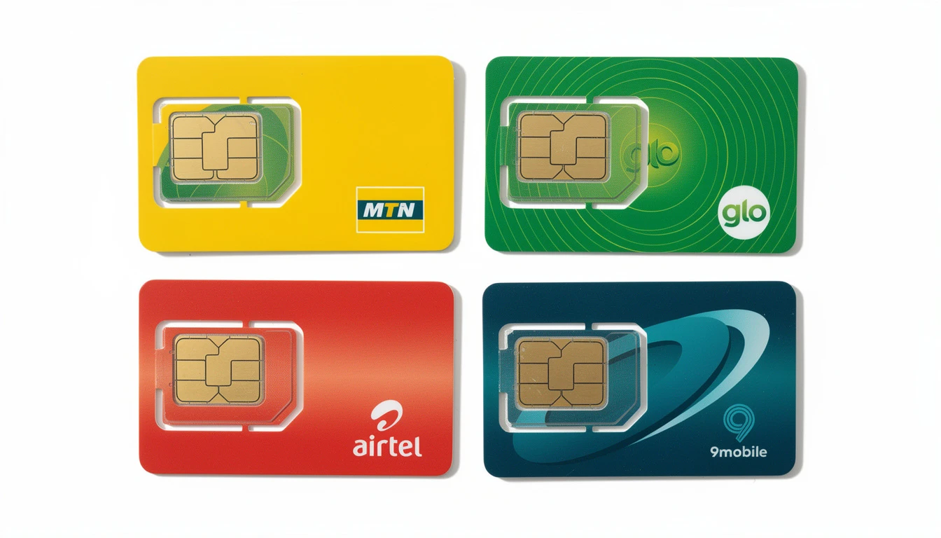 MTN Glo Airtel and 9mobile Nigerian SIM cards showing all four major Nigerian telecom network providers