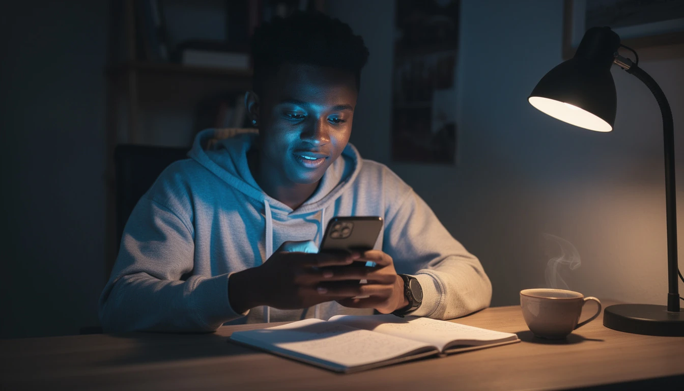 Young Nigerian man using 9mobile night plan data on his smartphone late at night