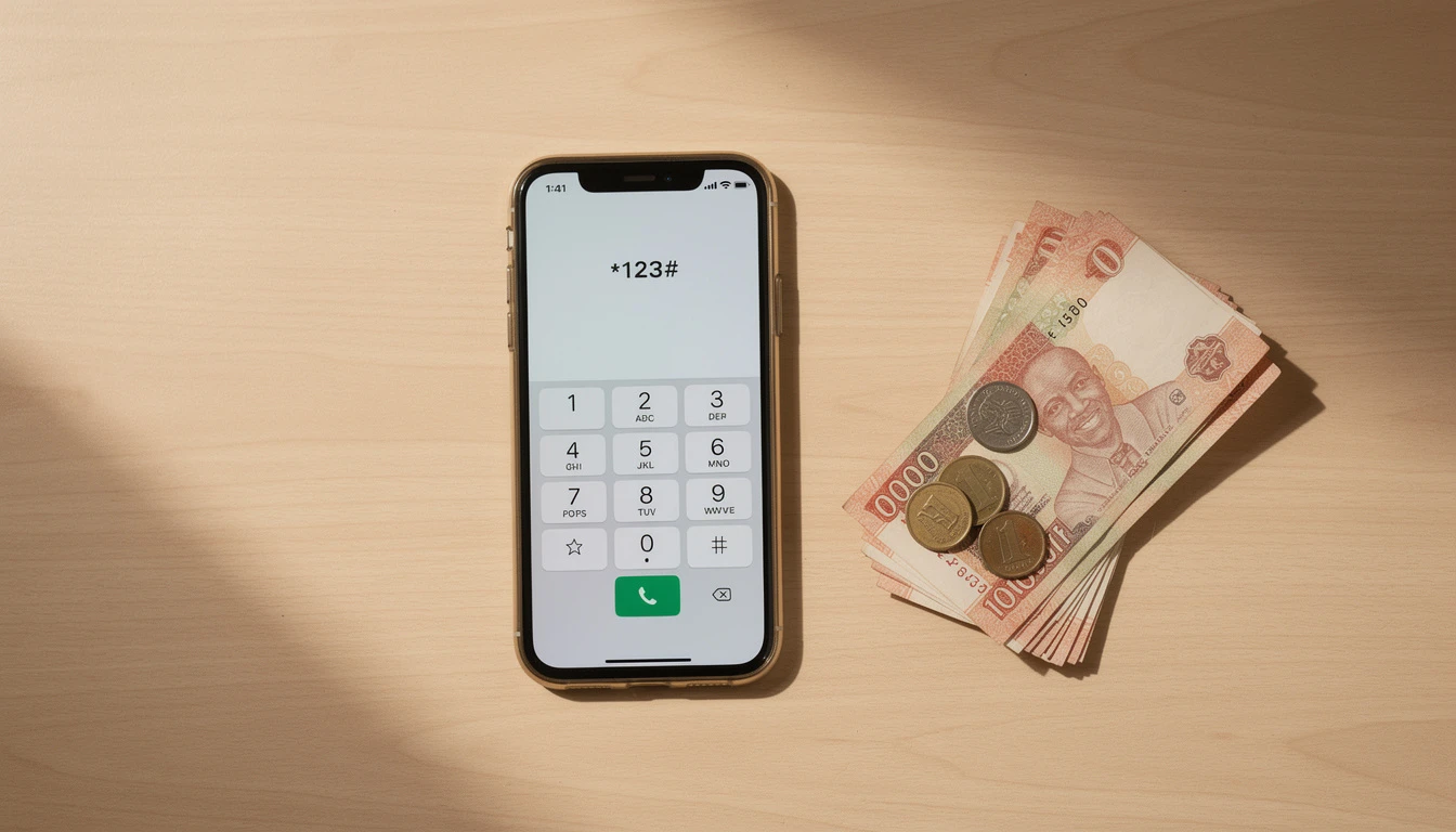 Smartphone showing USSD code dialer for subscribing to 9mobile night plan with Nigerian naira notes nearby