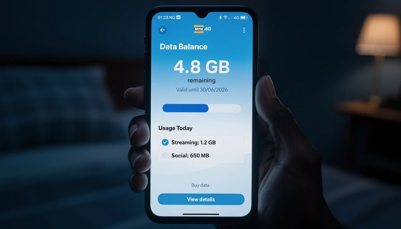 Person checking 9mobile night plan data balance on smartphone in the dark