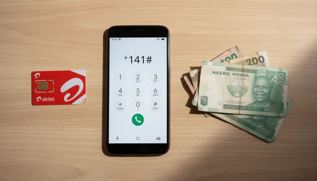 Airtel SIM card and Nigerian naira notes next to a smartphone dialing *141# for cheap data plans