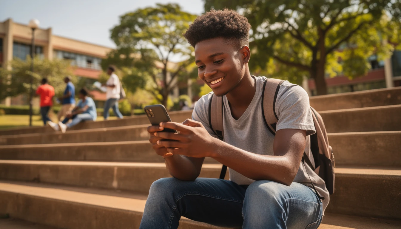 Nigerian university student browsing affordably using a cheap Airtel data plan on campus in 2025