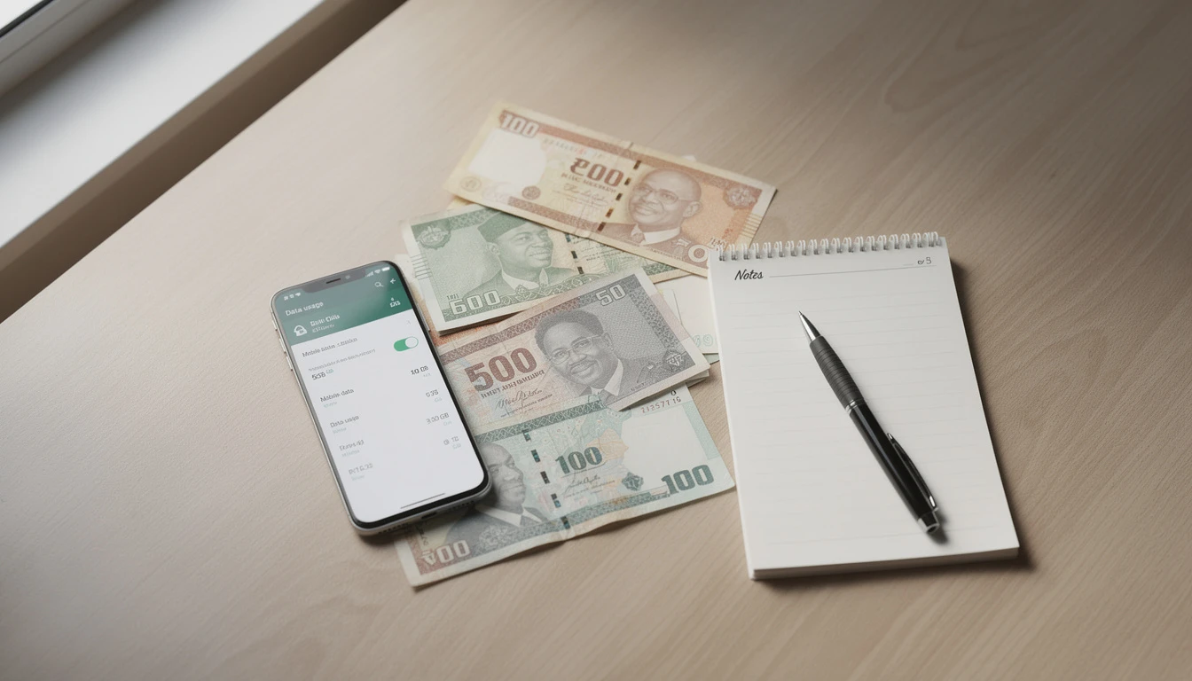 Nigerian naira money next to smartphone showing mobile data costs and budget planning