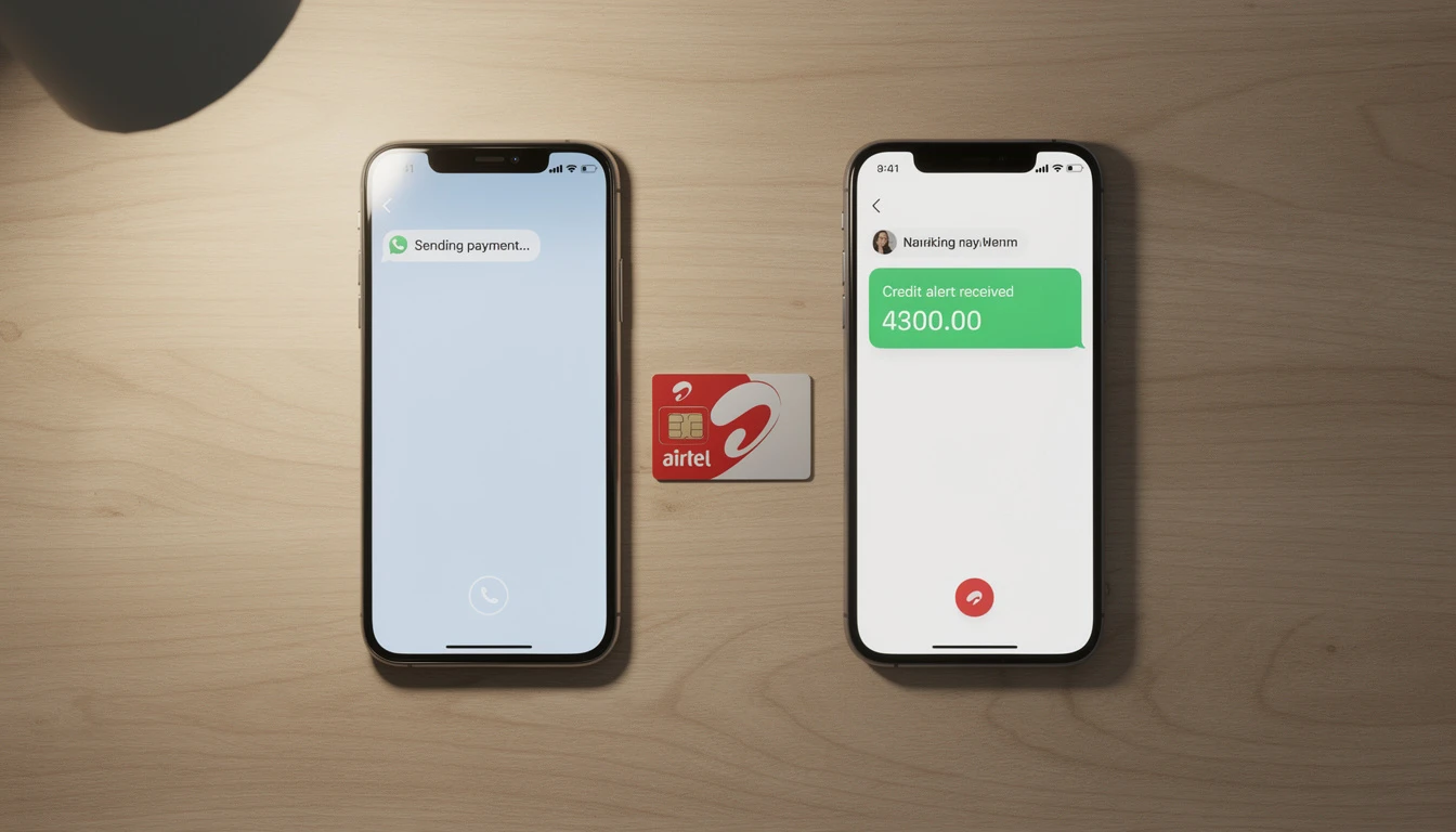 Two smartphones showing airtime transfer confirmation between two Airtel numbers using Me2U service