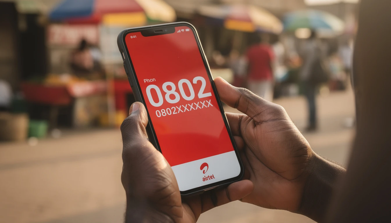 Nigerian man checking Airtel number prefix on smartphone in Lagos