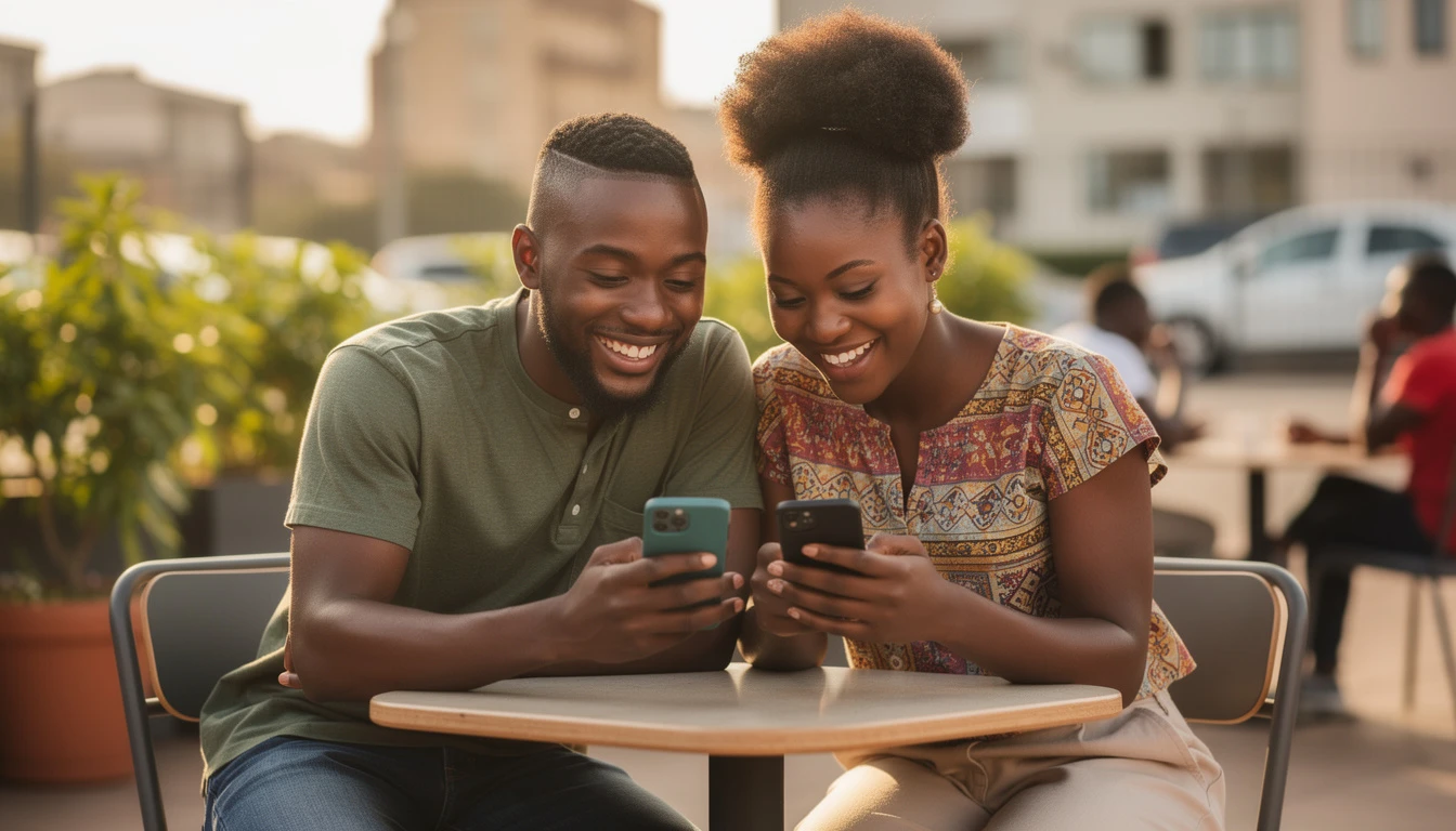 Two Airtel users successfully completing an airtime transfer between phones using the Airtel Me2U code