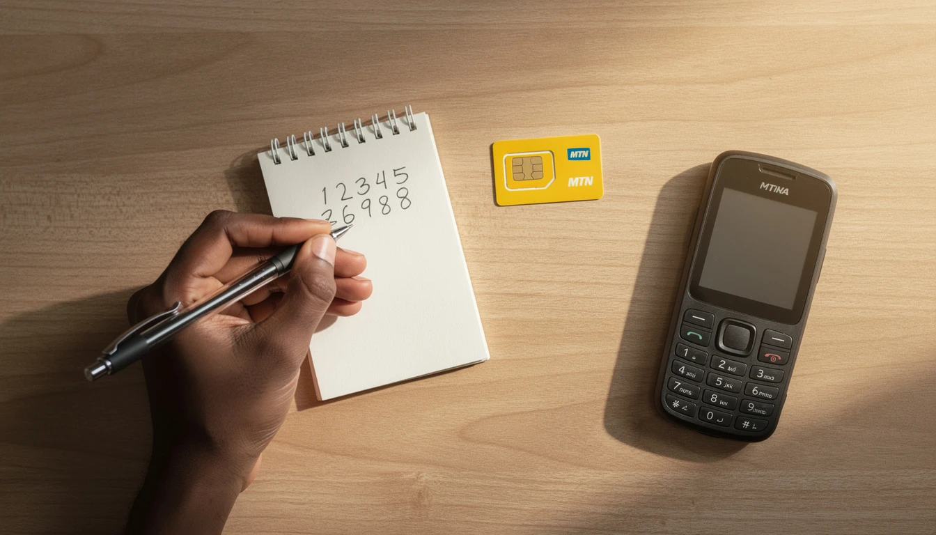 Setting up a 4-digit MTN airtime transfer PIN with a SIM card and phone on a desk