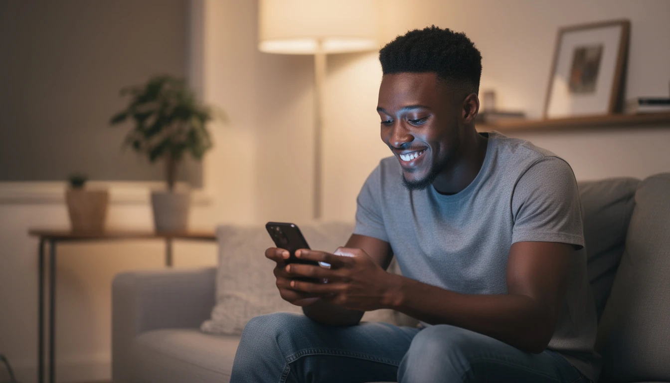Young Nigerian man receiving SMS confirmation after successful MTN airtime transfer