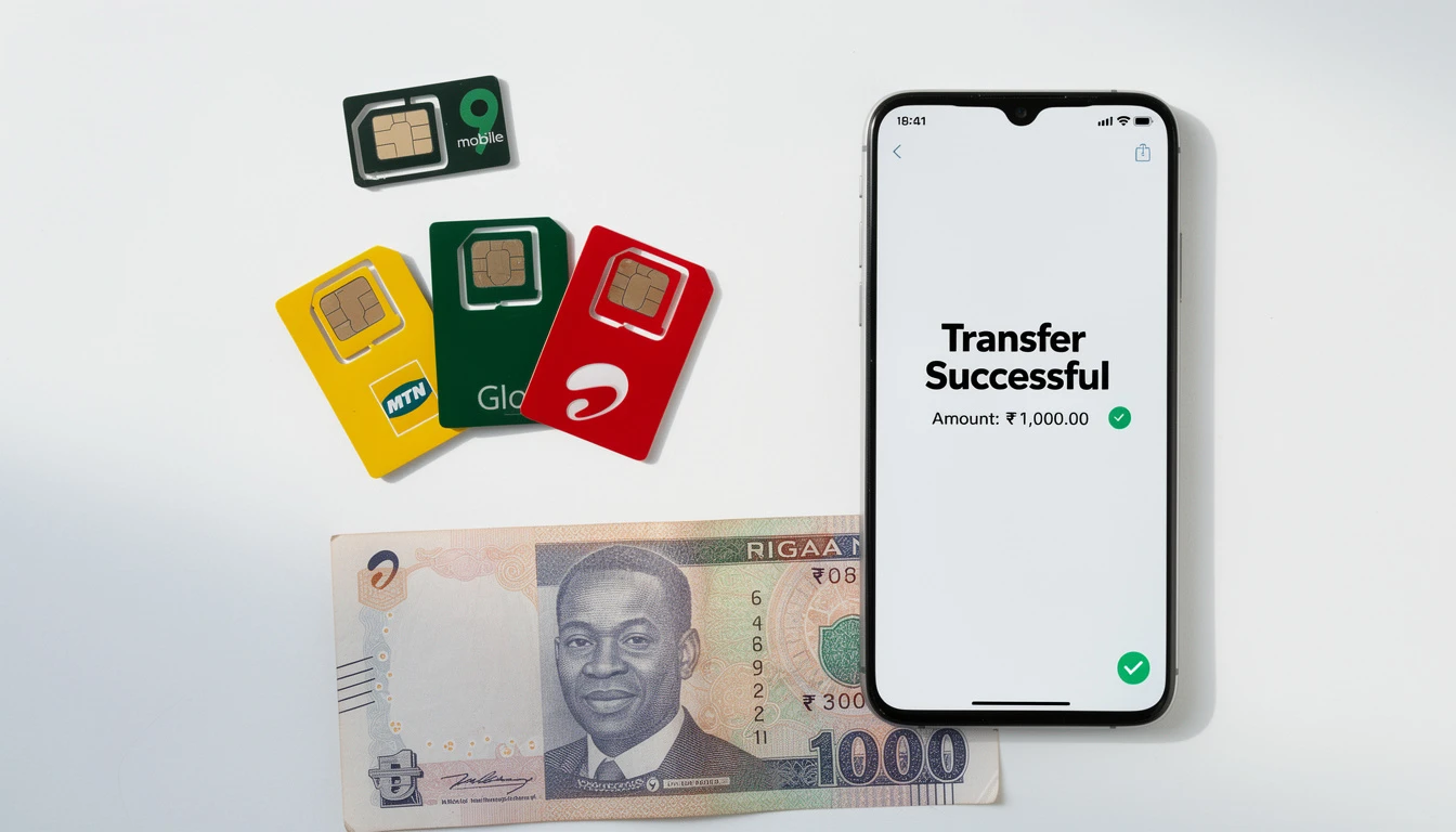 Nigerian MTN Glo Airtel and 9mobile SIM cards next to naira banknotes illustrating airtime to cash conversion rates
