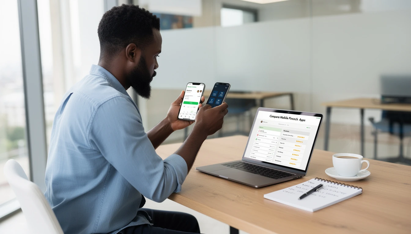 Nigerian man comparing airtime to cash apps on two smartphones including AirtimeToCash alternatives in Nigeria