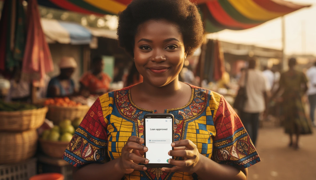 Nigerian woman at a market stall using a loan app on her smartphone to borrow money without BVN in Nigeria