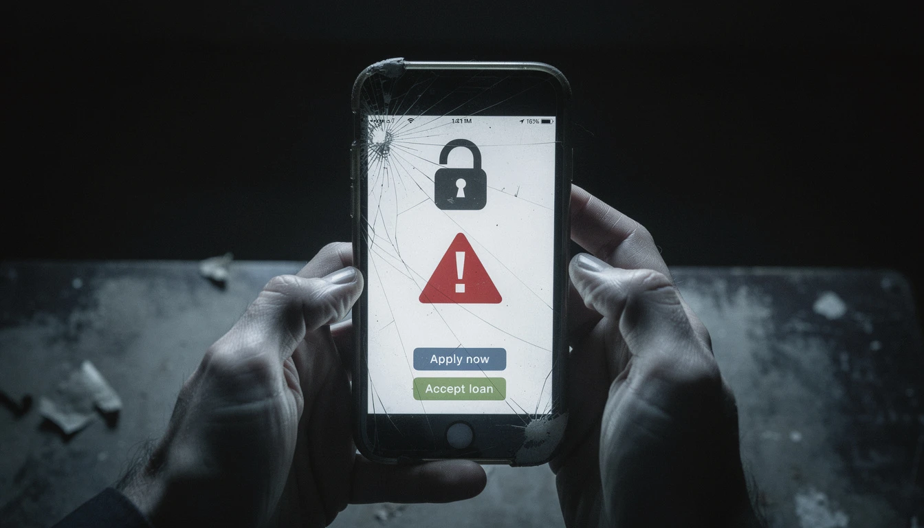 Person holding a suspicious smartphone showing a fake loan app, warning about fraudulent money borrowing apps in Nigeria